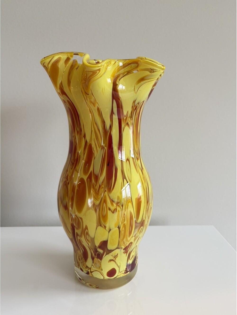 Vintage European Handblown Marble Spattered Ornate Glass Vase Handkerchief